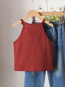 Sparklyn Girls' Vacation Beach Countryside Summer Crochet Lace Trim Fitted Cropped Camisole - Burgundy - View 2