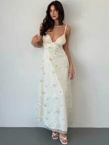 Aloruh Váy dây mảnh gợi cảm cổ chữ V sâu thêu hoa dành cho nữ - Màu be - Xem 6