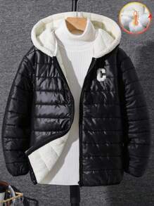 SHEIN 1pc Tween Boy Fashionable Thermal Lined Hooded Jacket, Winter Fall - Black - View 2