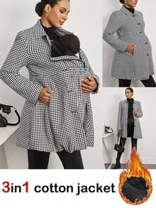 MaterniWear Pregnant Women's Casual Houndstooth Three-In-One Jacket Business Casual Women's Coat With Velvet Lining For Warmth  Winter Coats Office Wear  Winter  Chic Women's Jacket  Fleece Winter Coat - Black and White - View 6