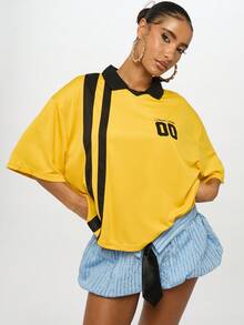 SUMWON WOMEN Boxy Varsity Style Collared Polo Top With Diagonal Stripe Detail And Number Print Half Sleeve Drop Shoulder Casual Preppy Oversize Tshirt - Yellow - View 8