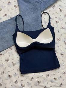 Attitoon 夏季休闲百搭纯色吊带背心（带衬垫胸罩） - 黑色 - 查看 6