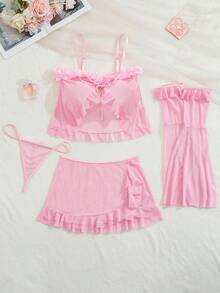 SHEIN 5 件套女士性感内衣套装（无钢圈文胸、丁字裤、迷你裙、2 副手套） - 粉色 - 查看 6