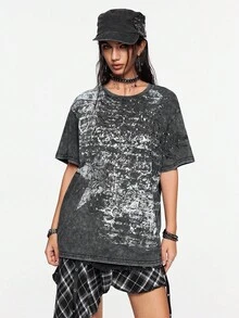 ROMWE Grunge Punk Y2K Vintage Distressed Oversized T-Shirt With Rhinestone Embellished Butterfly Wing Print - Dark Grey - View 7