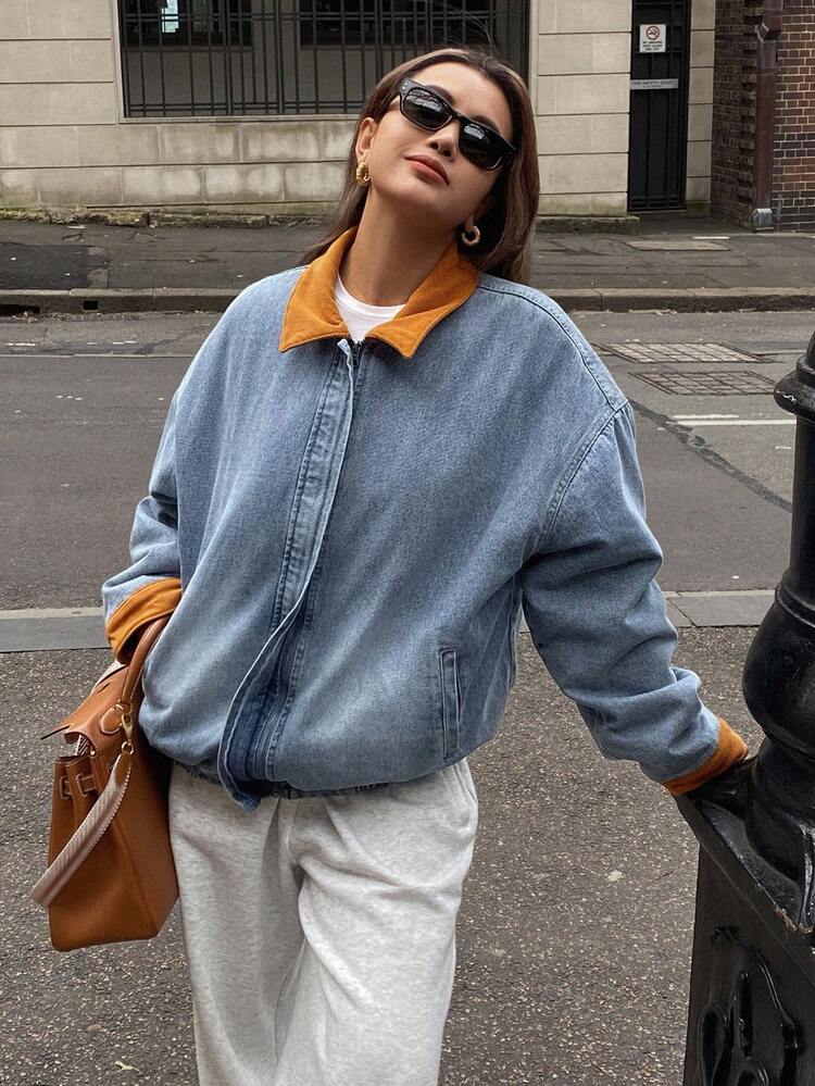 Color Block Collar & Cuff Loose Denim Jacket For Women, Autumn/Winter Women Coats
