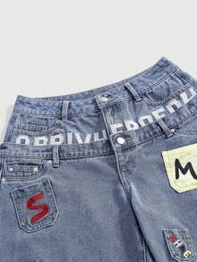 ROMWE Street Life Y2K Streetwear Embroidered Pocket Design Low Waist Loose Fit Denim Bermuda Shorts - Blue - View 4