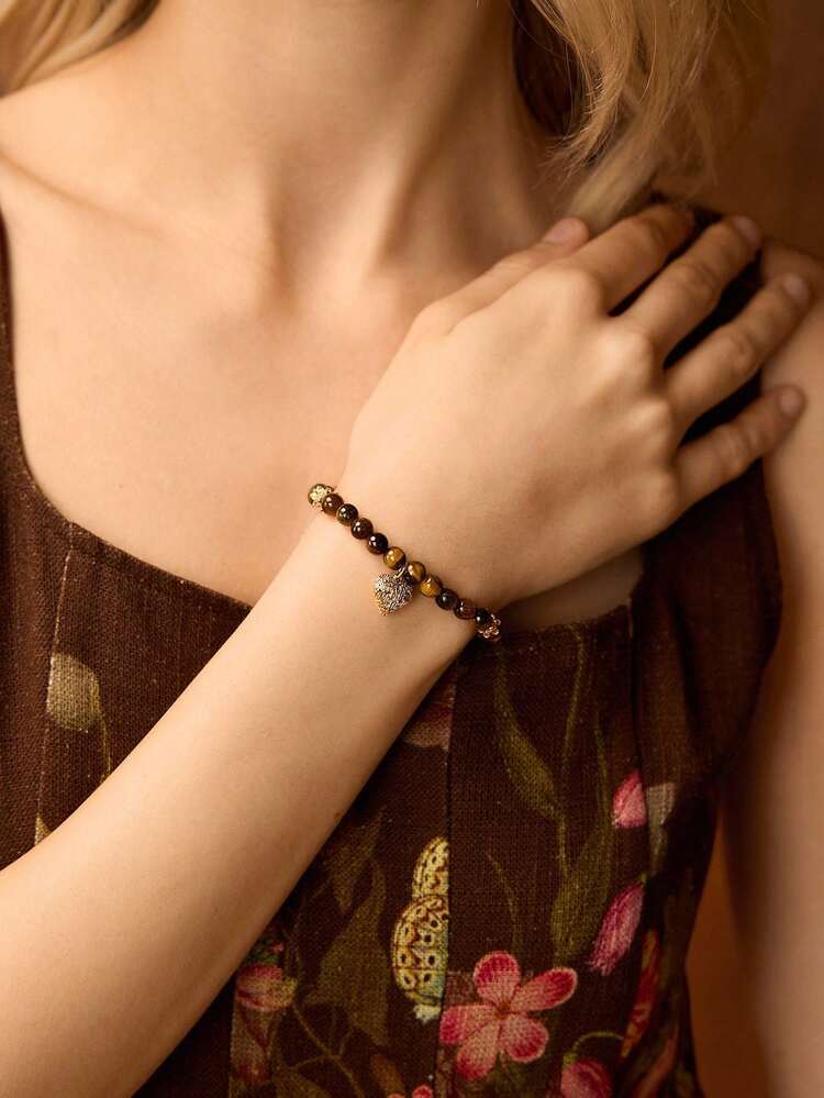Pulseira Elegante Vintage para Mulheres com Pedra Olho de Tigre Texturizada Banhada a Ouro 18K