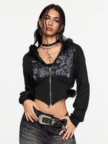 ROMWE Grunge Punk Y2K Subculture 复古修身豹纹连帽运动衫，复古花卉印花水钻装饰女式运动衫 - 黑色 - 查看 8