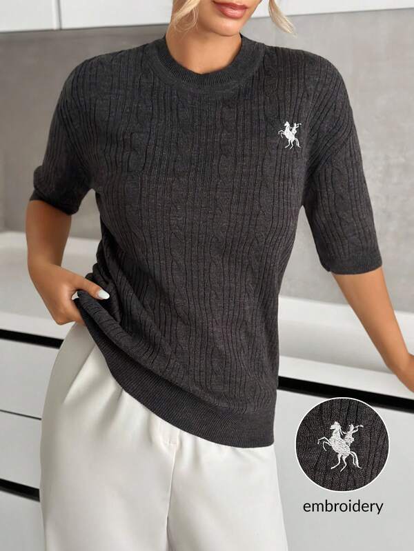 EURMUSE Casual Smart Cable-Knit Short Sleeve Top In Heather Grey With Chest Accent Stitch,Jumper,Cream Jumper,Jumpers For Women,Jumpers,Black Jumper,Womens Jumper,White Jumper,Women's Jumper,Women's Jumpers,Winter Clothes