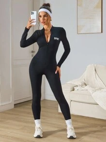 SHEIN Sports Women's Letter Print Zipper Front Bodysuit Jumpsuit - Black - View 1