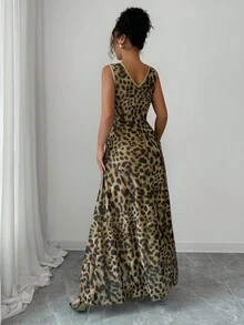 Rafferiza 女式优雅豹纹网眼圆领褶饰腰部抽绳 A 字形无袖长裙 - 卡其色 - 查看 2