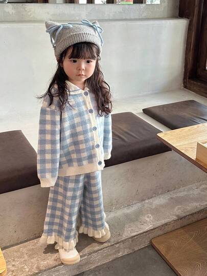 DAZY 2件套女婴格子韩版可爱毛衣外套+针织裤套装，秋冬季幼儿女童服装
