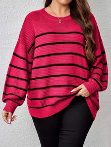 EURMUSE Plus Size Plus Size Loose Fit Colorblock Striped Pullover Sweater - Hot Pink - View 4
