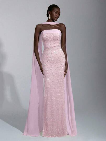 Elitara Elegant Luxury 3D Beaded Strapless Bodycon Maxi Dress With Detachable Halter, Suitable For Dates, Vacations, Singles' Parties, Birthdays, Graduations, Weddings, Formal Galas