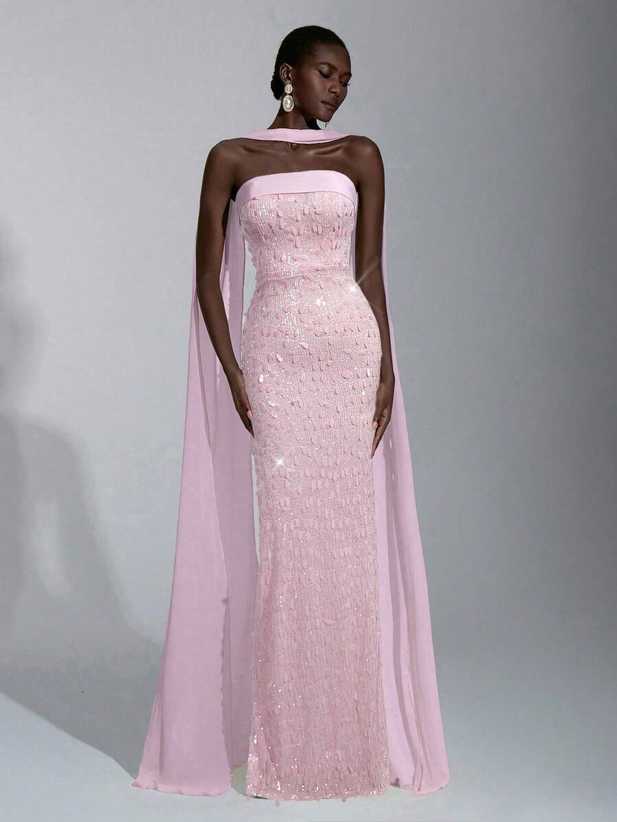 Elitara Elegant Luxury 3D Beaded Strapless Bodycon Maxi Dress With Detachable Halter, Suitable For Dates, Vacations, Singles' Parties, Birthdays, Graduations, Weddings, Formal Galas