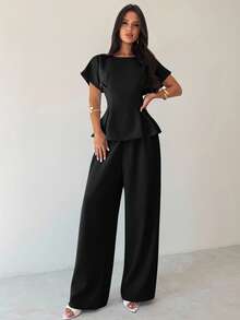 Firerie 夏季新款简约优雅通勤度假复古毕业日常百搭黑色竹纹面料圆领短袖腰部褶裥X型常规衬衫上衣+宽松阔腿裤两件套，教师装，复古风，女士办公室装，机场装，旅行装，外出装 - 黑色 - 查看 6