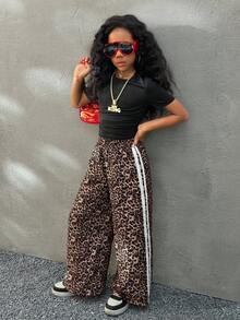 Coolane Kids Tween Girls Four Seasons, Daily Wear Athleisure,Black Solid Knit Crew Neck Short Sleeve Top And Leopard Print Wide Leg Pants Set,Basic 2pcs/Two Piece Comfortable ,Halloween,  Christmas - Multicolor - View 4