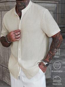 Manfinity CasualCool 2pcs Linen Striped Collar Short Sleeve Shirt Set - Multicolor - View 4