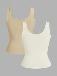 Slaydiva 3 chiếc/gói Áo ba lỗ cổ chữ V khoét sâu màu đen + trắng đơn giản thường ngày dành cho nữ - Màu be - Xem 2