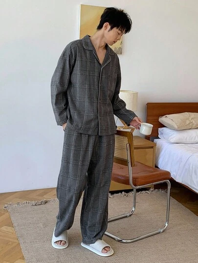 DAZY Plaid Shirt Paired With Pants Multi-Color Loose Fit Men's Loungewear Set, Autumn, Fall Winter Clothes Pajama