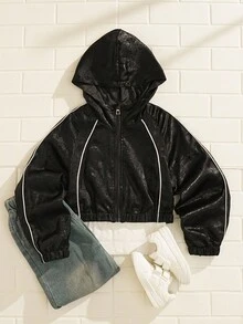 SHEIN Explorewe Tween Girl Reflective Stripe Glow-In-The-Dark Hoodie Jacket Fall Winter - Silver - View 3