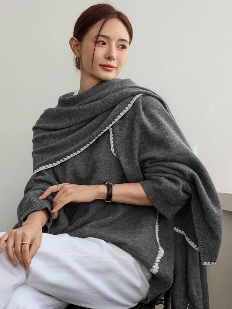 Women's Loose Business Casual Pullover Sweater Set With Decorative Rib Knit Trim, Color Block Design, Suitable For Office Wear In Autumn And Winter