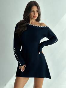 Firerie Women's Black Pearl Beaded Asymmetric Collar Long Sleeve Cinched Waist A-Line Short Sweater Dress, Sexy & Elegant For Daily Commute In Fall/Winter - Black - View 7
