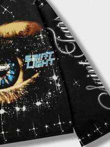 ROMWE MEN Street Life Men's Rhinestone Embellished Eye Long Sleeve T-Shirt, Casual Street Punk Style, Spring/Autumn, Fall, 2000s Style - Black - View 3