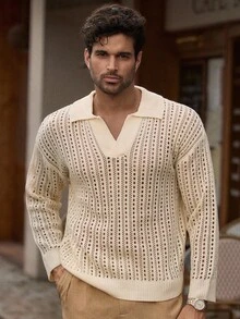 Manfinity VCAY Men's Casual Textured Hollow-Out Knit Sweater, Fall Winter - White - View 1