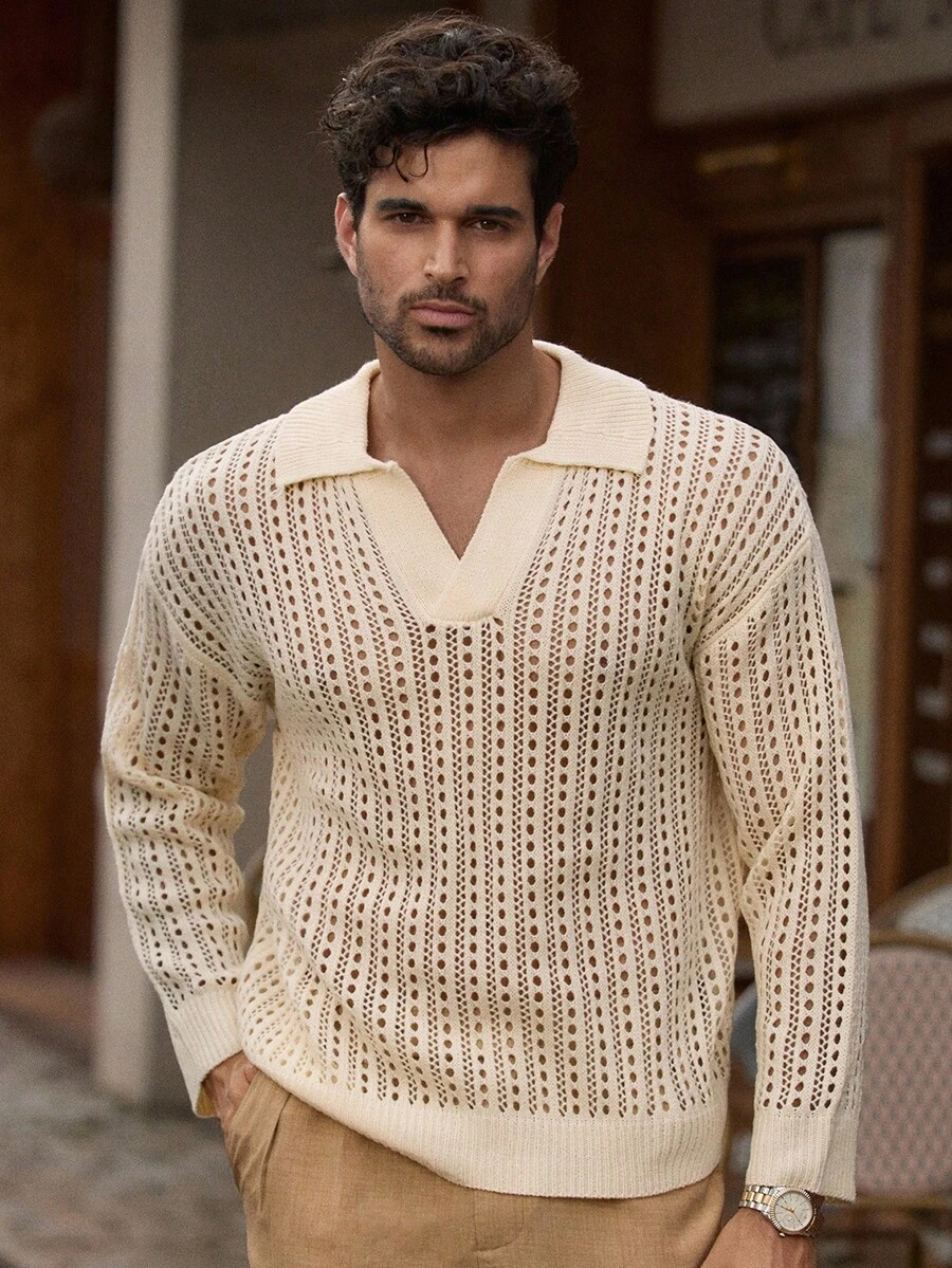 Manfinity VCAY Men's Casual Textured Hollow-Out Knit Sweater, Fall Winter - White - View 1
