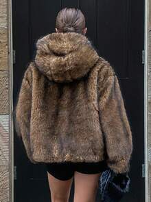 DAZY Áo khoác trùm đầu tay dài dáng rộng phong cách đường phố thu đông, áo khoác lông nhân tạo dành cho nữ - màu nâu - Xem 2