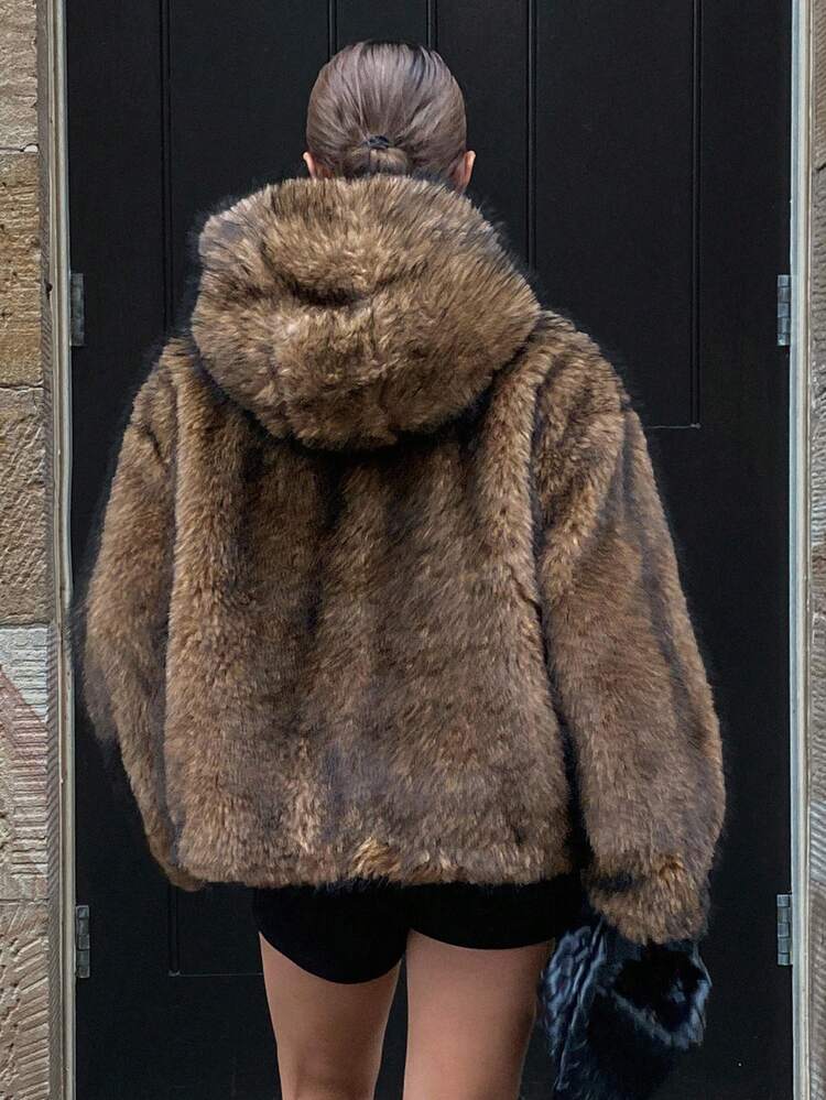Loose Fit Long Sleeve Hooded Street Style Autumn/Winter Jacket, Faux Fur Coat For Women