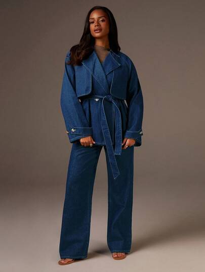 Athîral Women's Deep Indigo Belted Denim Jacket | Soft Washed Cotton Denim With Oversized Lapel, Raglan Long Sleeves & Detachable Sash For Modern Urban Layering (Fall/Spring/Street/Work/Travel)