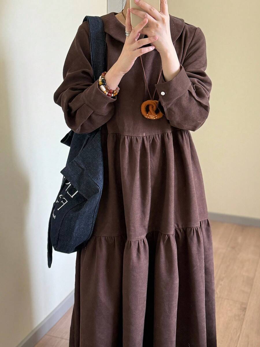 FRIFUL 女式秋季纯棕色彼得潘领长袖连衣裙，秋季连衣裙，户外连衣裙 - 咖啡棕 - 查看 1