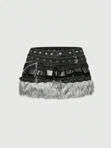 ROMWE Grunge Punk Y2K Vintage Patchwork Furry PU Metal Spider Skull Pendant Super Short Denim Mini Skirt