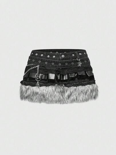 Grunge Punk Y2K Vintage Patchwork Furry PU Metal Spider Skull Pendant Super Short Denim Mini Skirt
