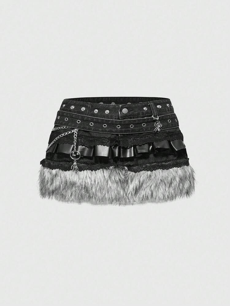 ROMWE Grunge Punk Y2K Vintage Patchwork Furry PU Metal Spider Skull Pendant Super Short Denim Mini Skirt