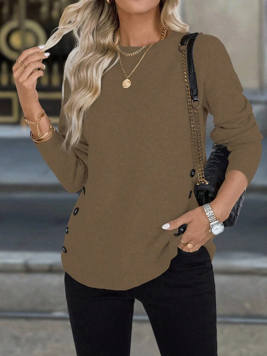 Chiquease Women's Solid Color Long Sleeve Double-Breasted Casual Sweater, Autumn Fall Winter Cloth For Women - Coffee Brown - View 1
