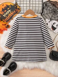 SHEIN Sukienka w paski z długim rękawem dla dziewczynki na Halloween z kreskówkową grafiką - Wielokolorowe - Zobacz 3