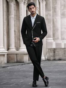 Manfinity Bizformal 男士商务撞色翻领西装外套和裤子套装 - 黑色 - 查看 1