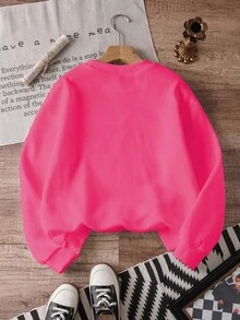 女童休闲舒适时尚简约可爱仿亮片蝴蝶结图案保暖内衬圆领套头卫衣，洋红色，秋冬款 - 玫紅色 - 查看 2