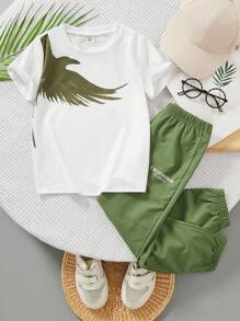 年輕男孩鷹印花上衣和字母印花慢跑褲套裝 - 軍綠色 - 查看 5