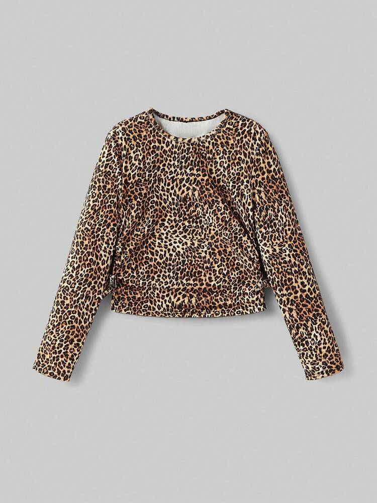 Tween Girl Leopard Print Round Neck Long Sleeve T-Shirt Fall Winter
