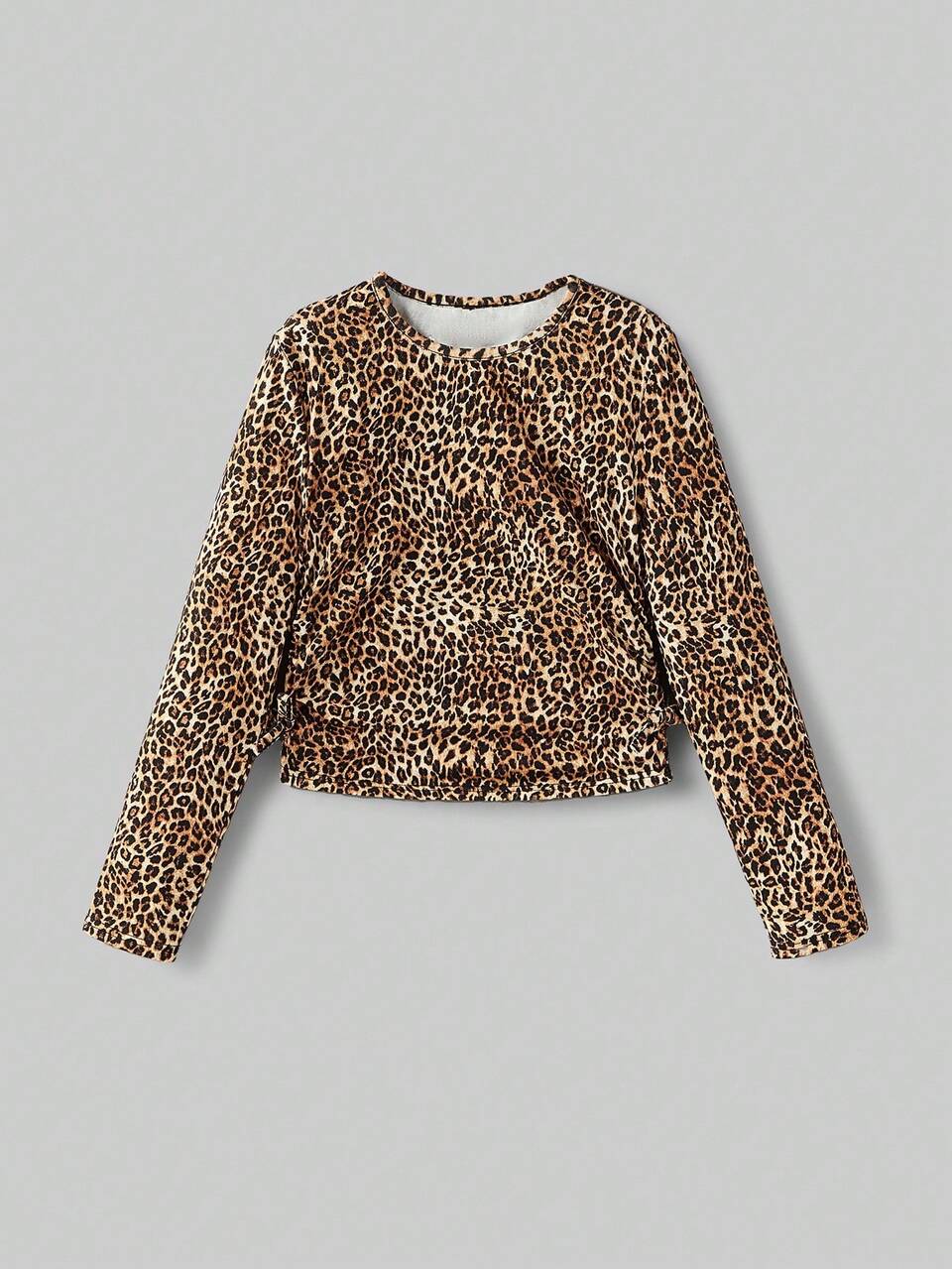 Tween Girl Leopard Print Round Neck Long Sleeve T-Shirt Fall Winter