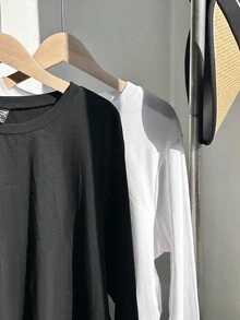 SHEIN EZwear Camiseta de manga larga de cuello redondo de diseño minimalista de unicolor, versátil, talla grande - Blanco y Negro - Ver 5
