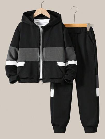 2 piezas Chaqueta con capucha casual para niños en color block negro, blanco y gris, combinada con pantalones de puño elástico, adecuada para salidas de otoño/invierno