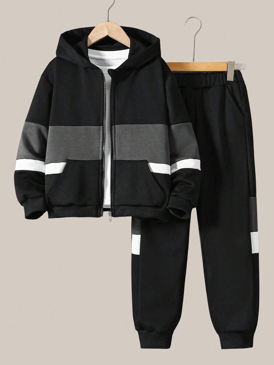 2 件男童户外休闲连帽夹克，黑白灰拼色，搭配松紧袖口裤，适合秋冬外出