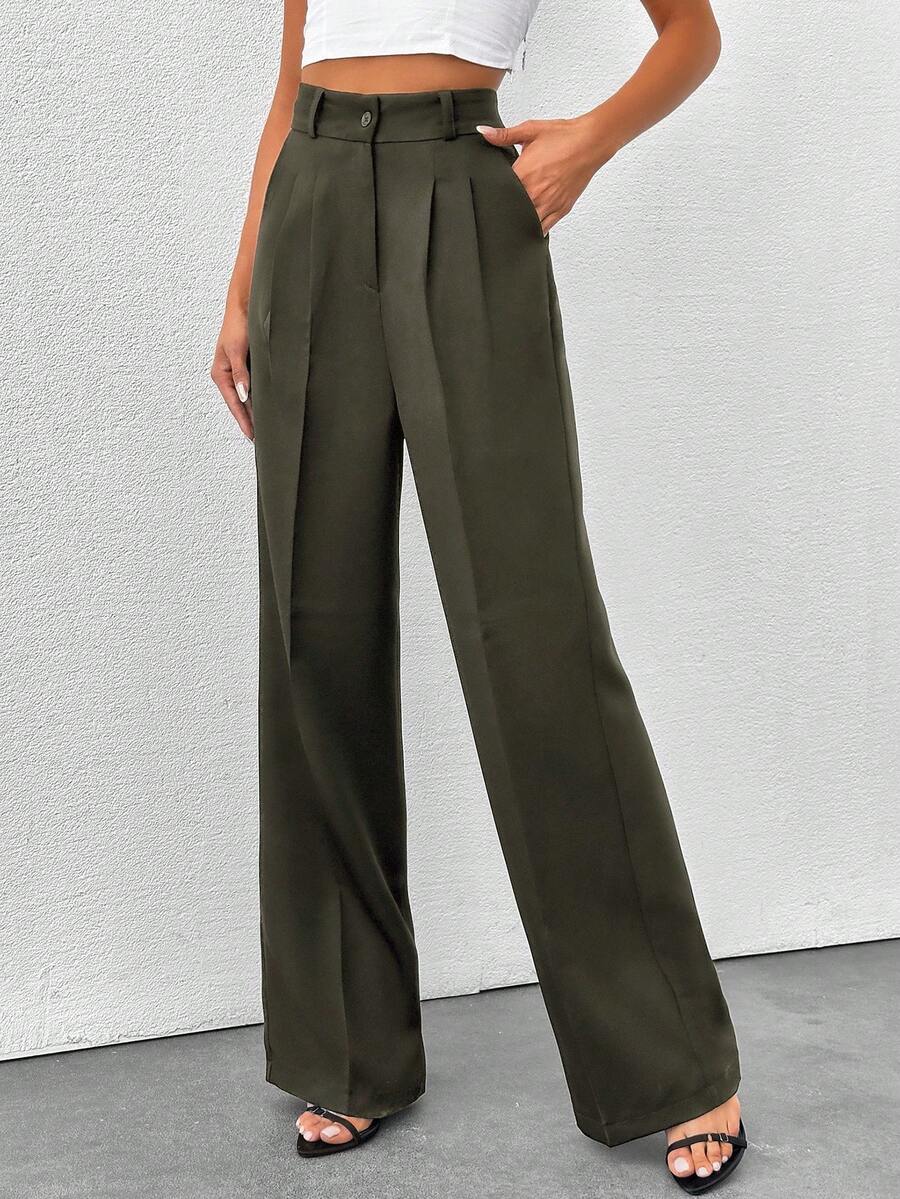 SHEIN Tall 高腰女式纯色阔腿裤 - 摩卡棕 - 查看 1
