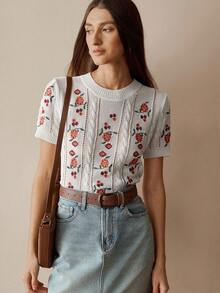 Florisole Women's Embroidered White Knit Sweater - White - View 3