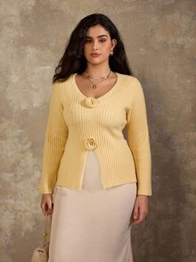 Flirla Plus Size Elegant Commuter Solid Color 3D Floral Decor Split Hem Sweater Fall Winter Cloth For Women Autumn - Yellow - View 5